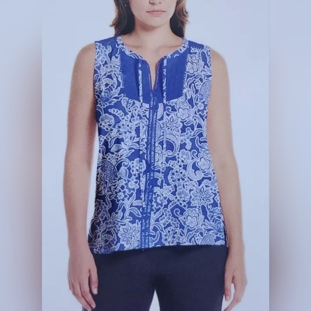 Rafaella Amparo Blue Crochet Trim Floral Sleeveless Women's Top sz L NWT